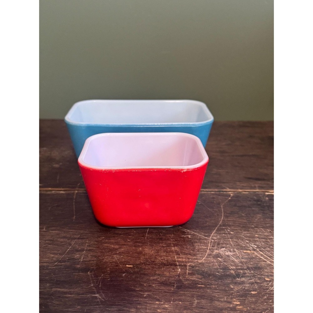 Pyrex Red & Blue Primary Refrigerator‎ Dishes 501B and 502B